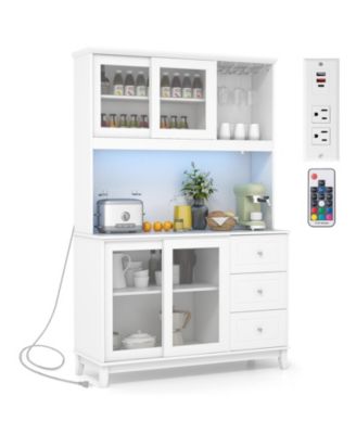 Kitchen Pantry Storage Cabinet Kitchen Hutch with LED lights and Power Outlet