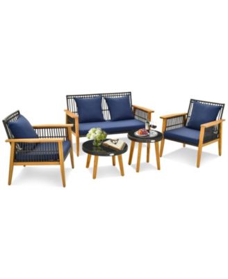 5 Piece Patio Rattan Woven Conversation Set Stable Acacia Wood Frame for Backyard w/ Coffee Table