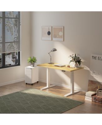 E7-COMMERCIAL 55  W Electric Adjustable Standing Desk, Rubber Wood Top, White Base