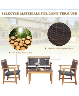 4 Piece Outdoor Acacia Wood Furniture Set Patio Rattan Conversation Set w/ Table