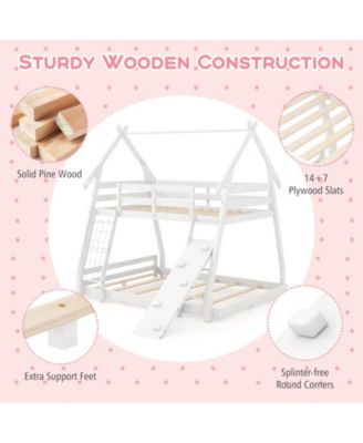 Twin Over Queen Bunk Bed Wooden Kids Bed with Climbing Nets and Ramp