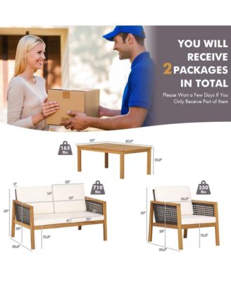 4 Piece Patio PE Rattan Conversation Set Acacia Wood Furniture Set  w/ Cushions