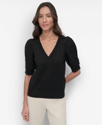 DKNY - Women's Puff-Sleeve V-Neck Sweater