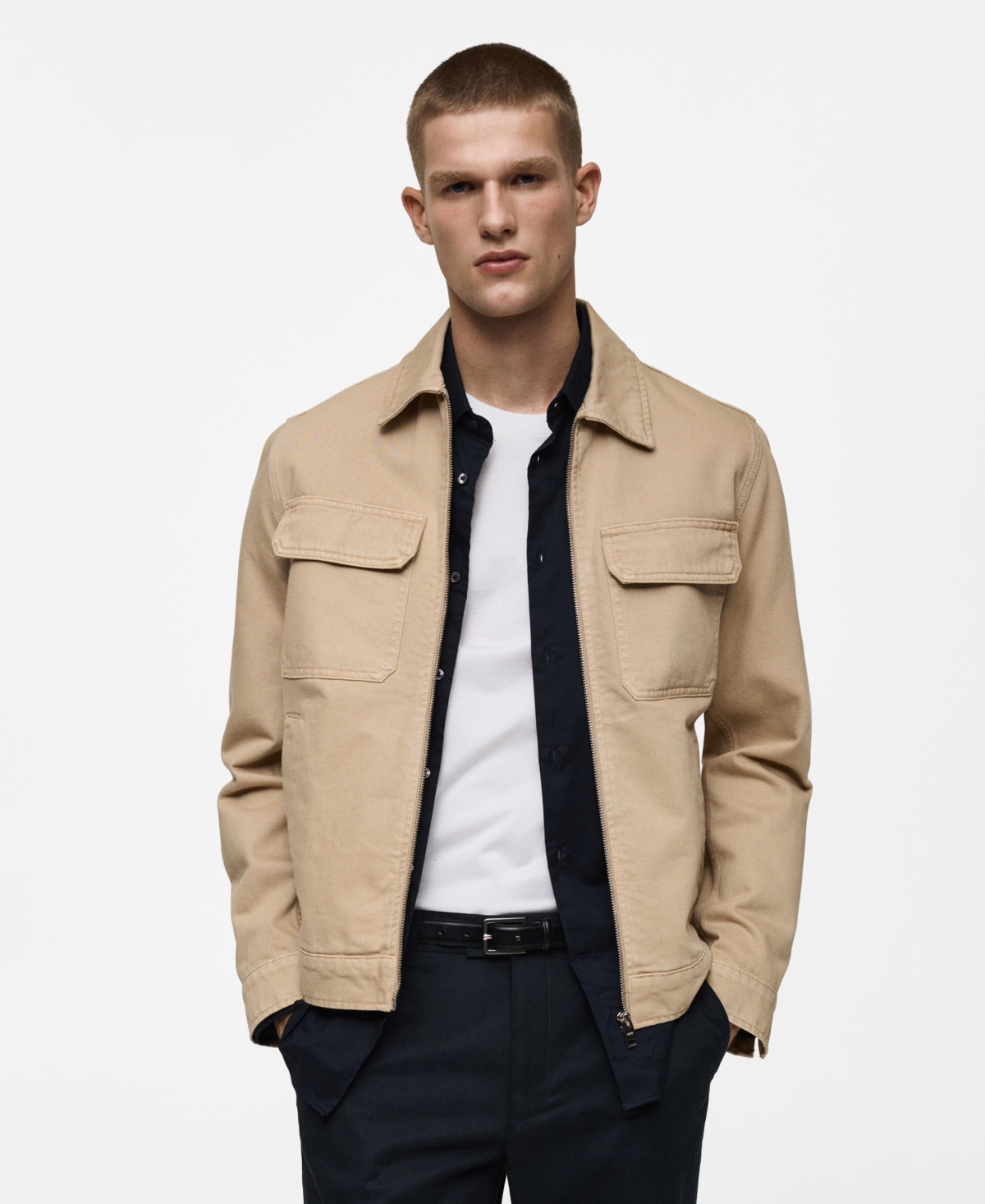 Men's Pockets Detail Denim Jacket - Beige