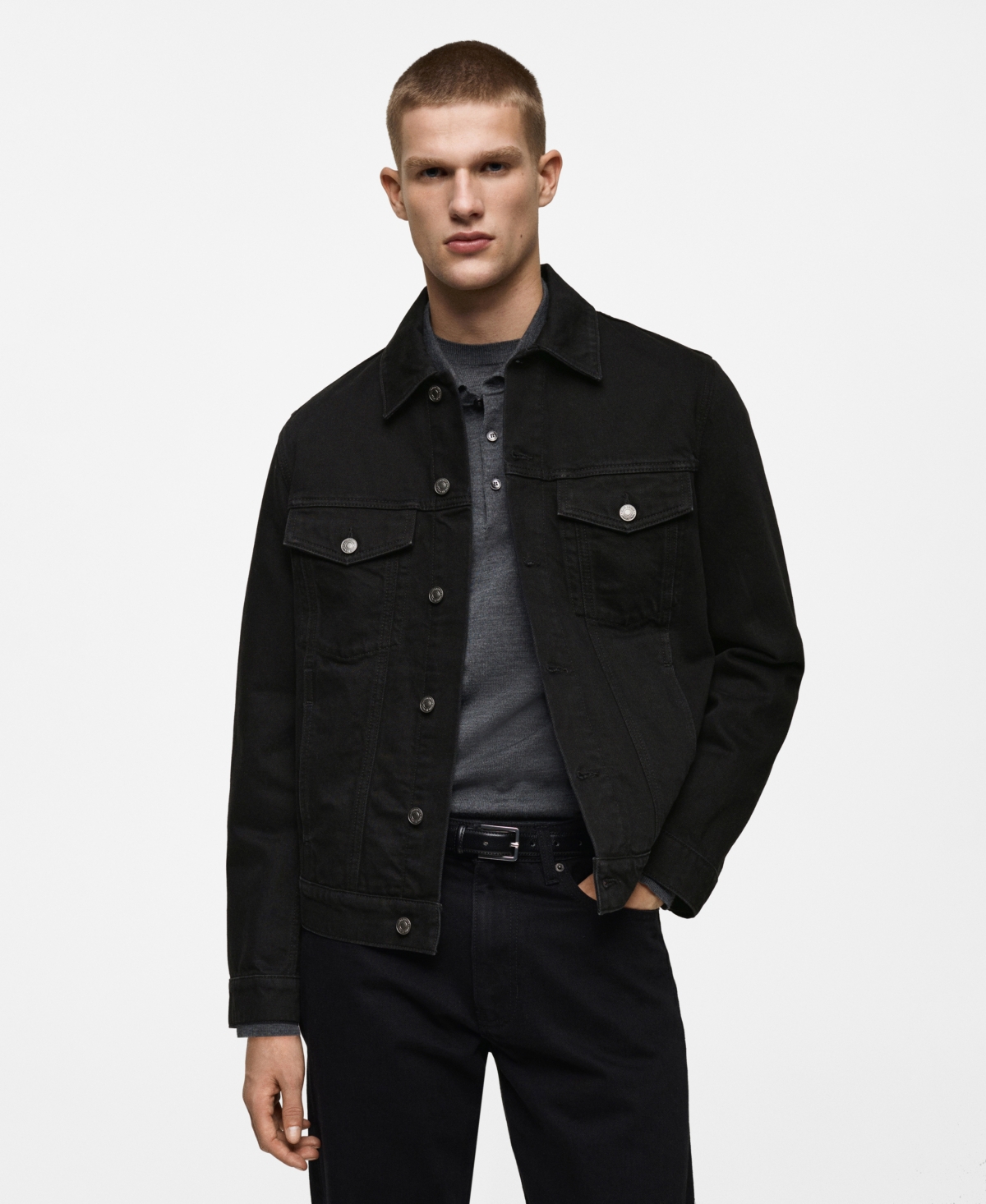 Men's Pockets Detail Denim Jacket - Black denim