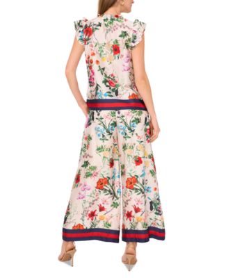 Women's Satin Floral-Print Ruffled Sleeve Top