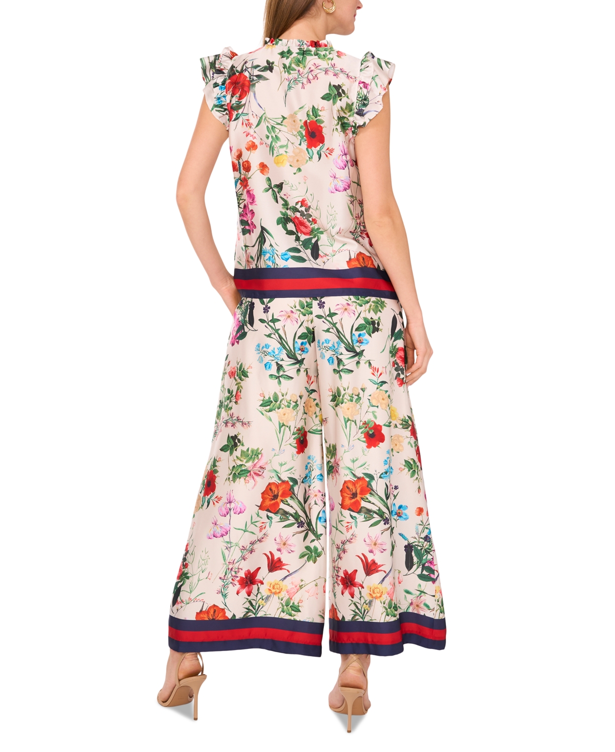 Vince Camuto Women's Satin Floral-Print Ruffled Sleeve Top