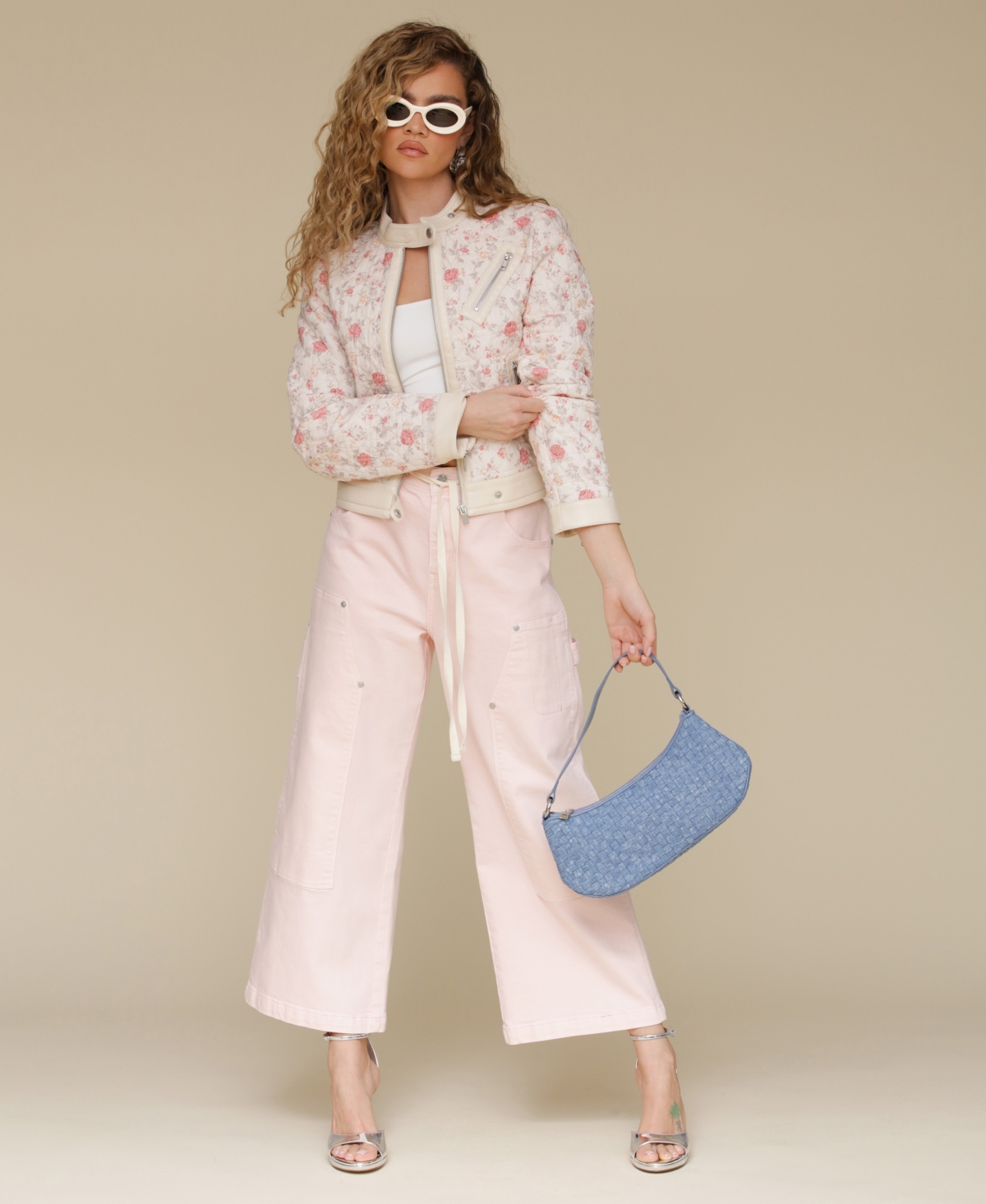 Shop Avec Les Filles Women's Quilted Cropped Moto Jacket In Soft Pink Floral