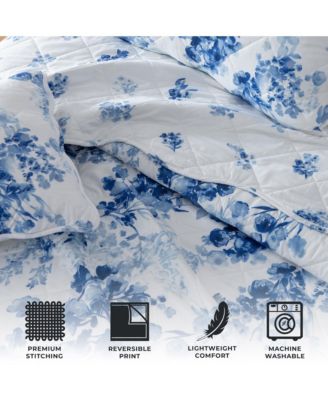 Blue Watercolor Florals Microfiber Quilt Set With Shams