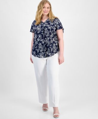 Plus Size Flutter Sleeve Top Crepe Pull On Pants