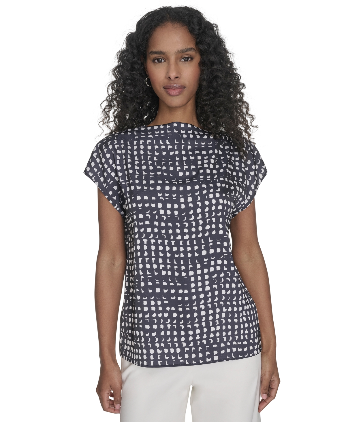 Calvin Klein Women's Printed Mock-neck Top In Navy,cream