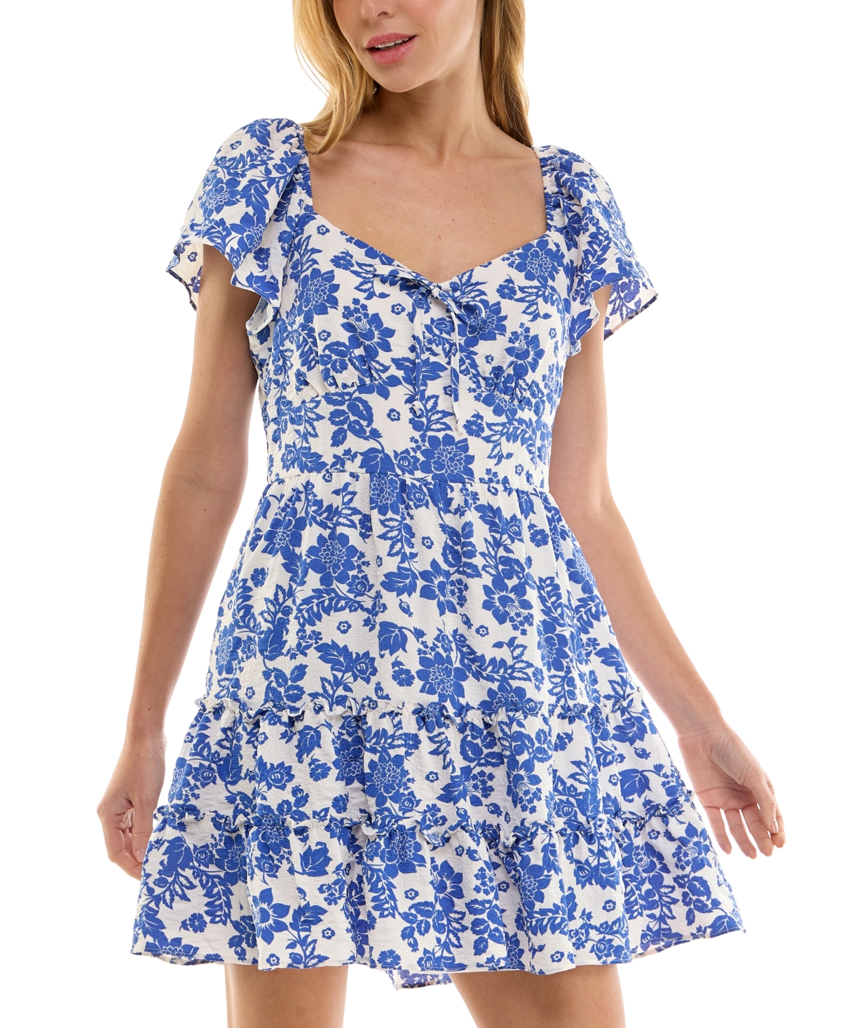 Juniors' Floral-Print Smocked-Back Dress - Ivory/gree