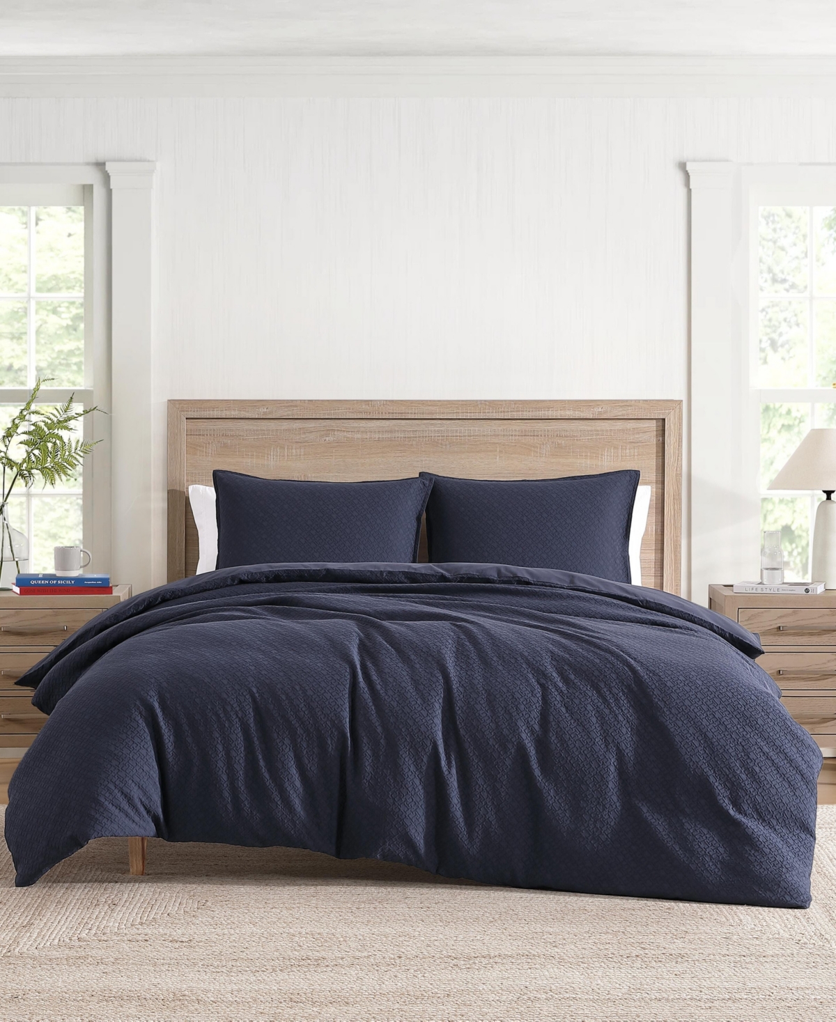 Tommy Hilfiger Micro Pique Cotton Blend Duvet Cover Set In Navy