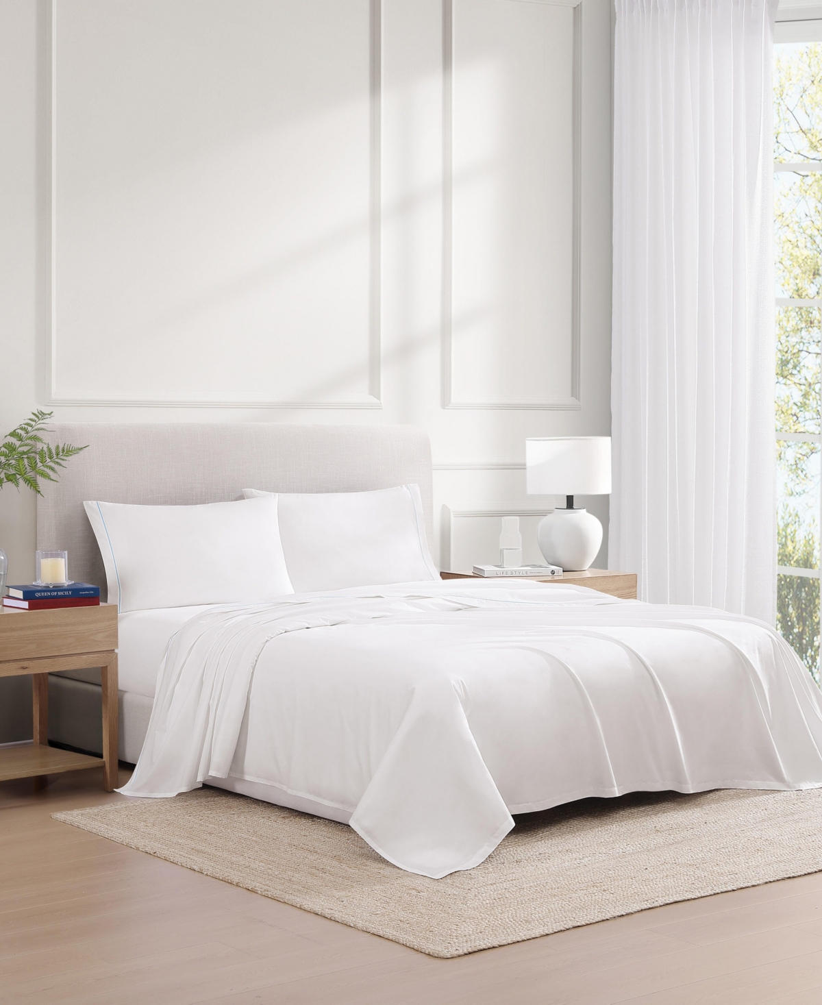 TOMMY HILFIGER SOLID 200-THREAD COUNT HEM STRIPE COTTON PERCALE 4-PC. SHEET SET, QUEEN 