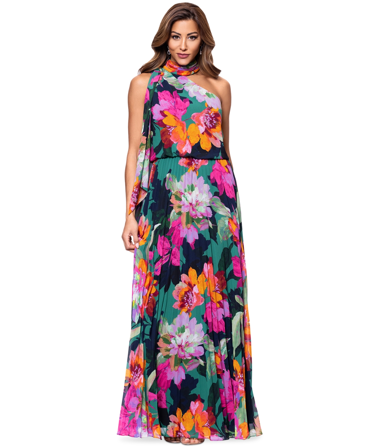 Women's Pleated Floral Chiffon Scarf Dress - Green Multi