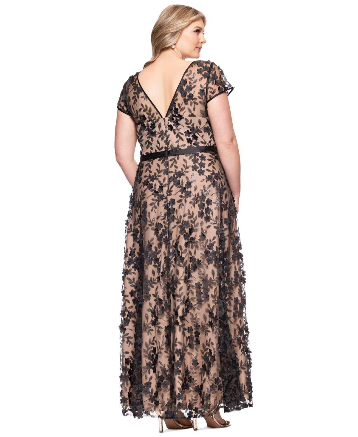 Xscape Plus Size Embellished 3d Flower Ball Gown In Black,nude