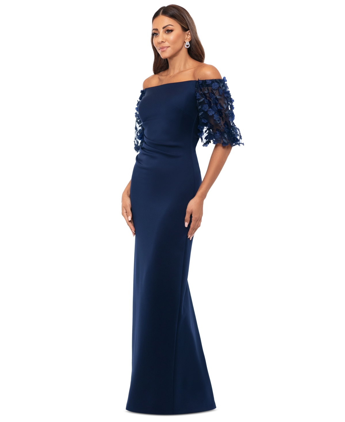 Xscape Petite Lace Off-the-shoulder Sleeve Gown In Navy