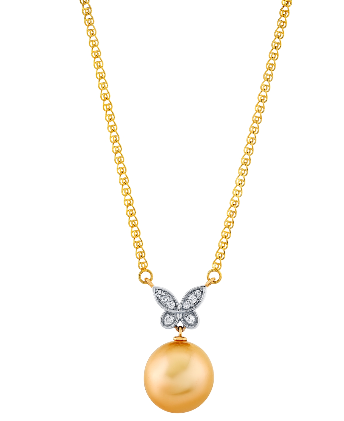 MACY'S BAROQUE CULTURED GOLDEN SOUTH SEA PEARL (11MM) & DIAMOND ACCENT BUTTERFLY 16" PENDANT NECKLACE IN 14 