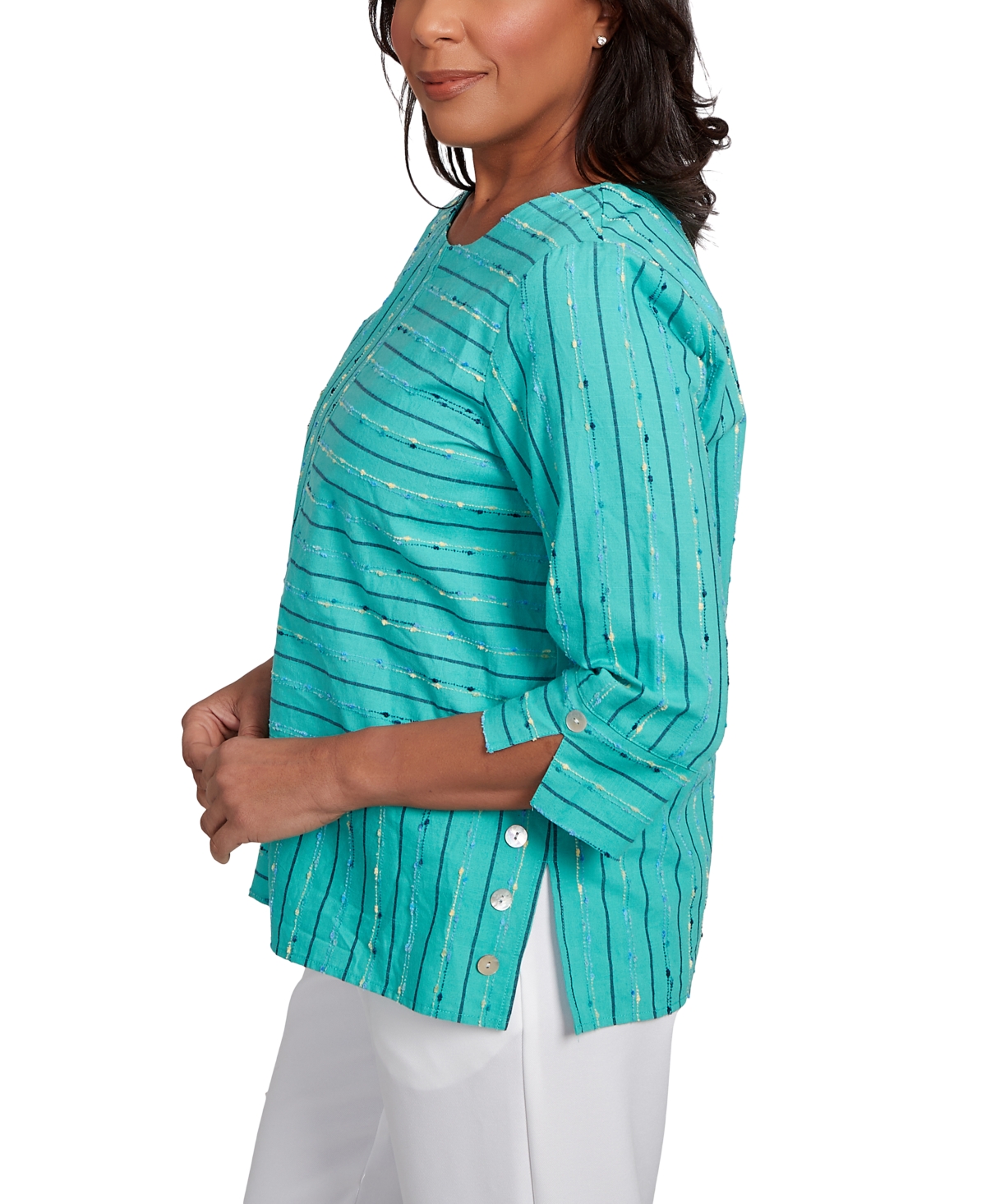 Alfred Dunner Plus Size Nantucket Spliced Jacquard Texture Crew Neck Top In Jade