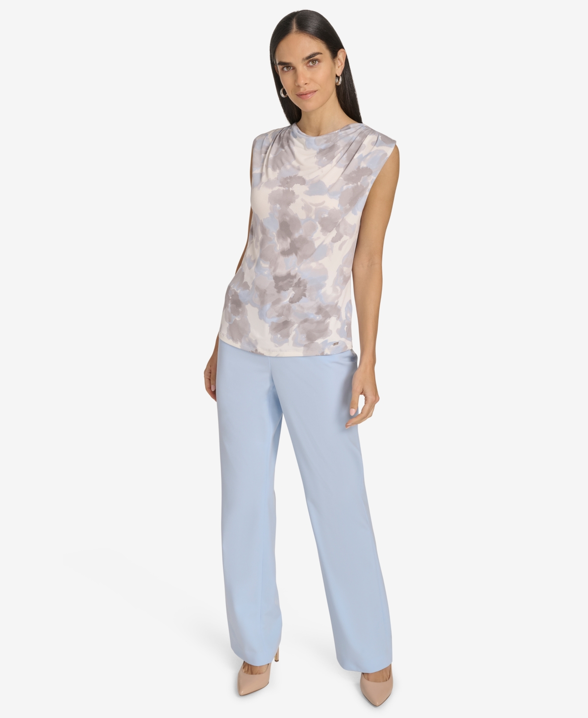 Calvin Klein Petite Draped-neck Sleeveless Top In Cream Multi