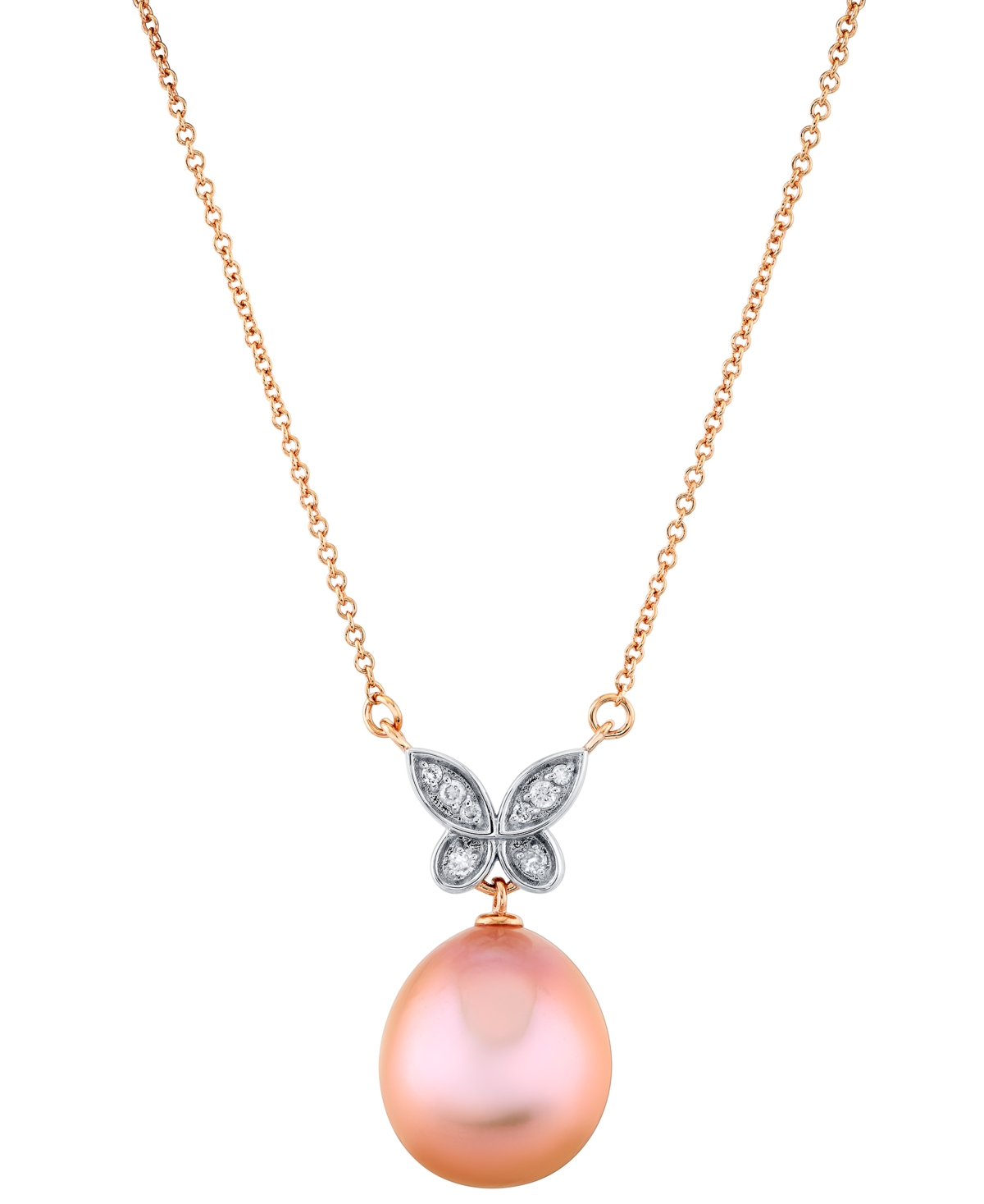 Shop Macy's Pink Baroque Cultured Freshwater Pearl (11mm) & Diamond Accent Butterfly 18" Pendant Necklace In 14k In Rose Gold