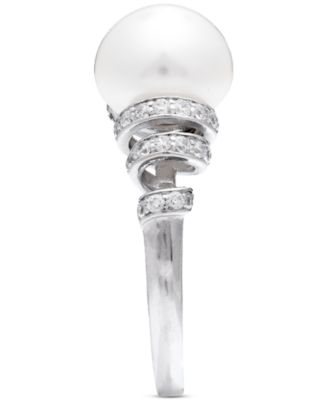 Cultured Freshwater Pearl (10mm) & Cubic Zirconia Swirl Coil Ring in Sterling Silver