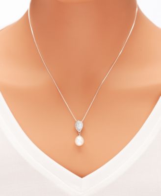 Baroque Cultured Freshwater Pearl (8x8-1/2mm) & Cubic Zirconia Pendant Necklace & Drop Earrings Set in Sterling Silver