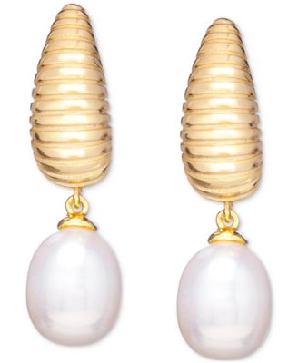 Baroque Cultured Freshwater Pearl (8x10mm) Textured J-Hoop Earrings in 18k Gold-Plated Sterling Silver