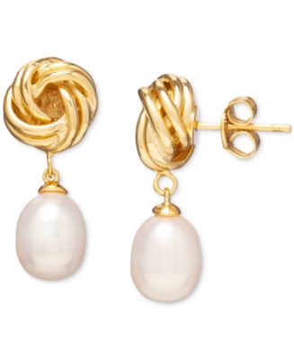 Baroque Cultured Freshwater Pearl (8x10mm) Knot Drop Earrings in 18k ...