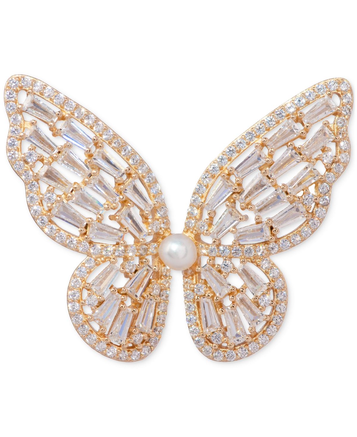 Cultured Freshwater Pearl (3mm) & Cubic Zirconia Butterfly Brooch in 18k Gold-Plated Sterling Silver - Gold Over Silver
