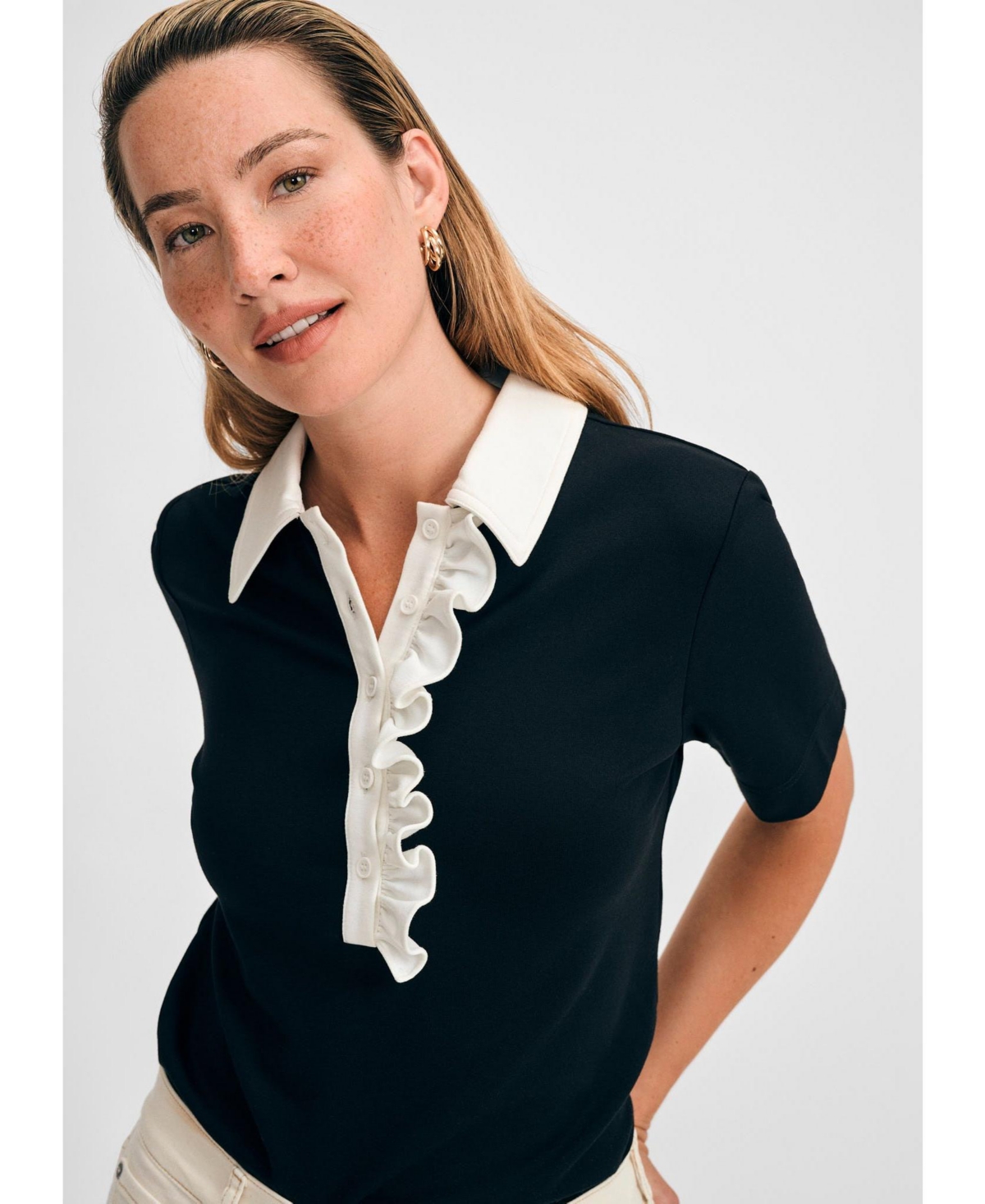 Women's Boxy Ruffle Top - Black white