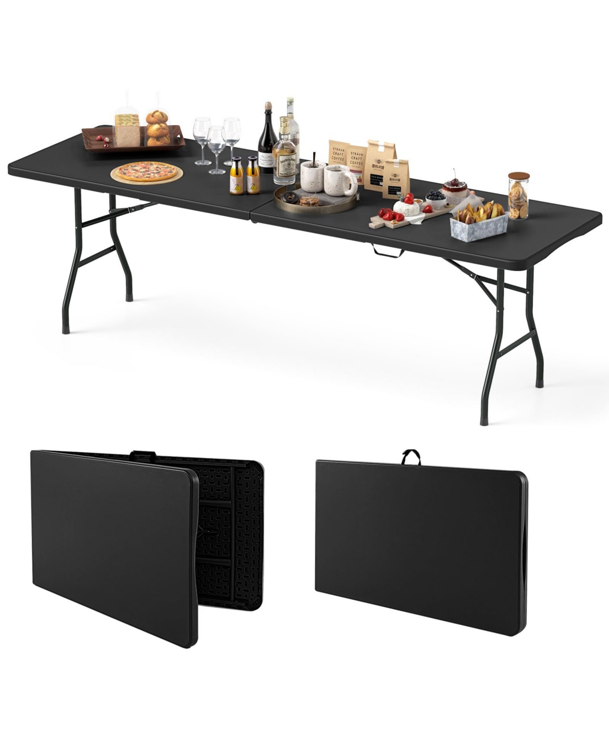 8 ft Portable Folding Table 350 Lbs Fold-in-Half Table with Hdpe Tabletop - Black