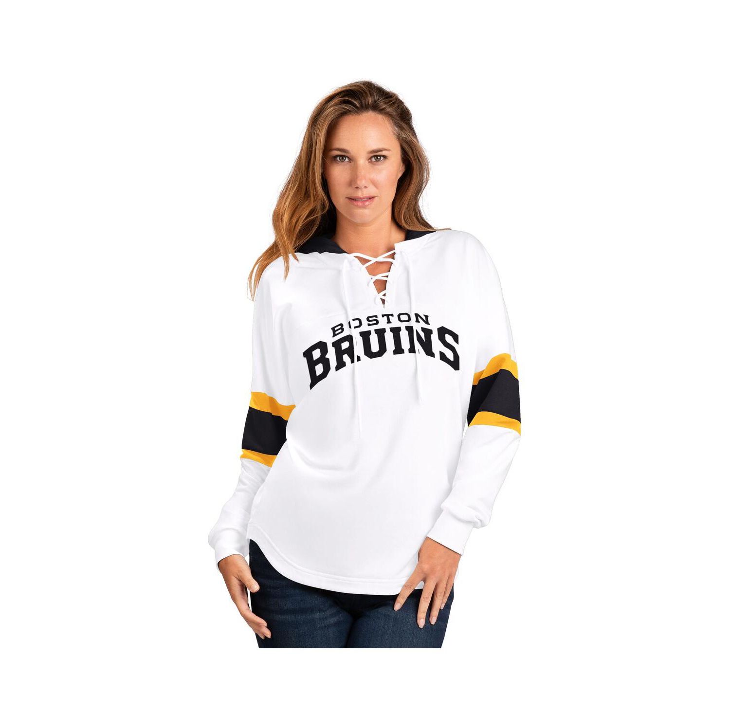 Women's White Boston Bruins Goal Zone Long Sleeve Lace-Up Hoodie T-Shirt