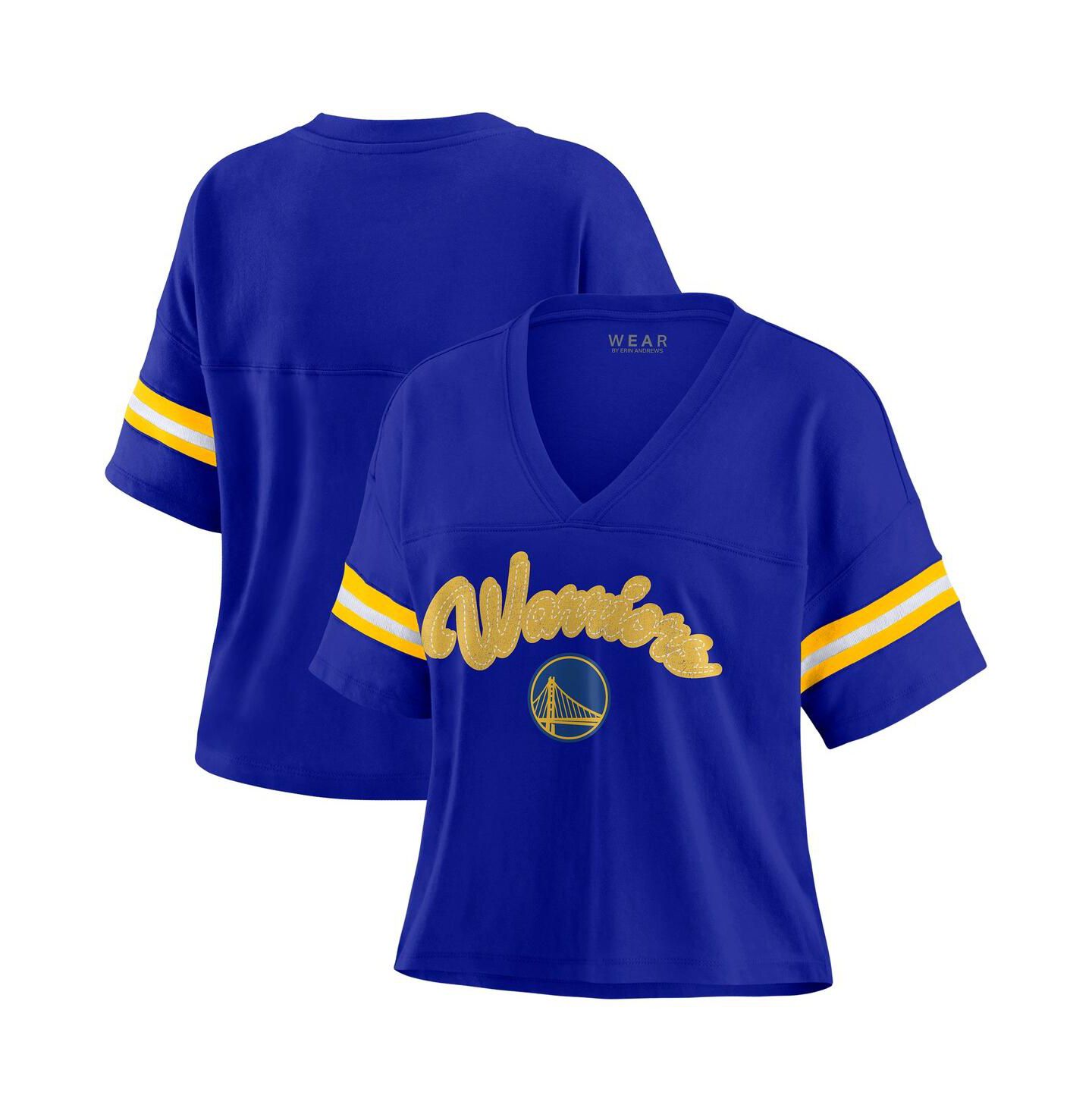 Женская футболка WEAR by Erin Andrews Royal Golden State Warriors Plus Size Color Block Boxy V-Neck — фото 1