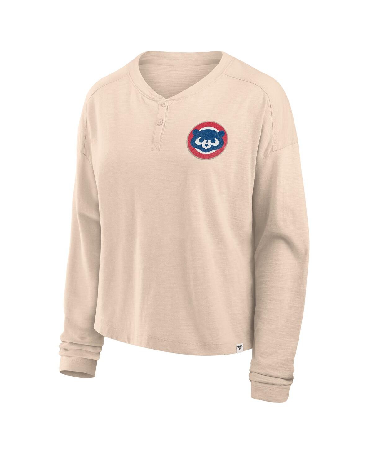 FANATICS WOMEN'S TAN CHICAGO CUBS OVERSIZED STADIUM SLUB HENLEY T-SHIRT 