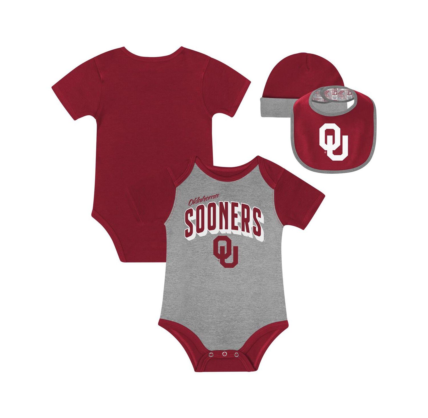 Baby Boys and Girls 3-Piece Oklahoma Sooners Dynamic Duo Bodysuit, Bib and Cuffed with Knit Hat Set