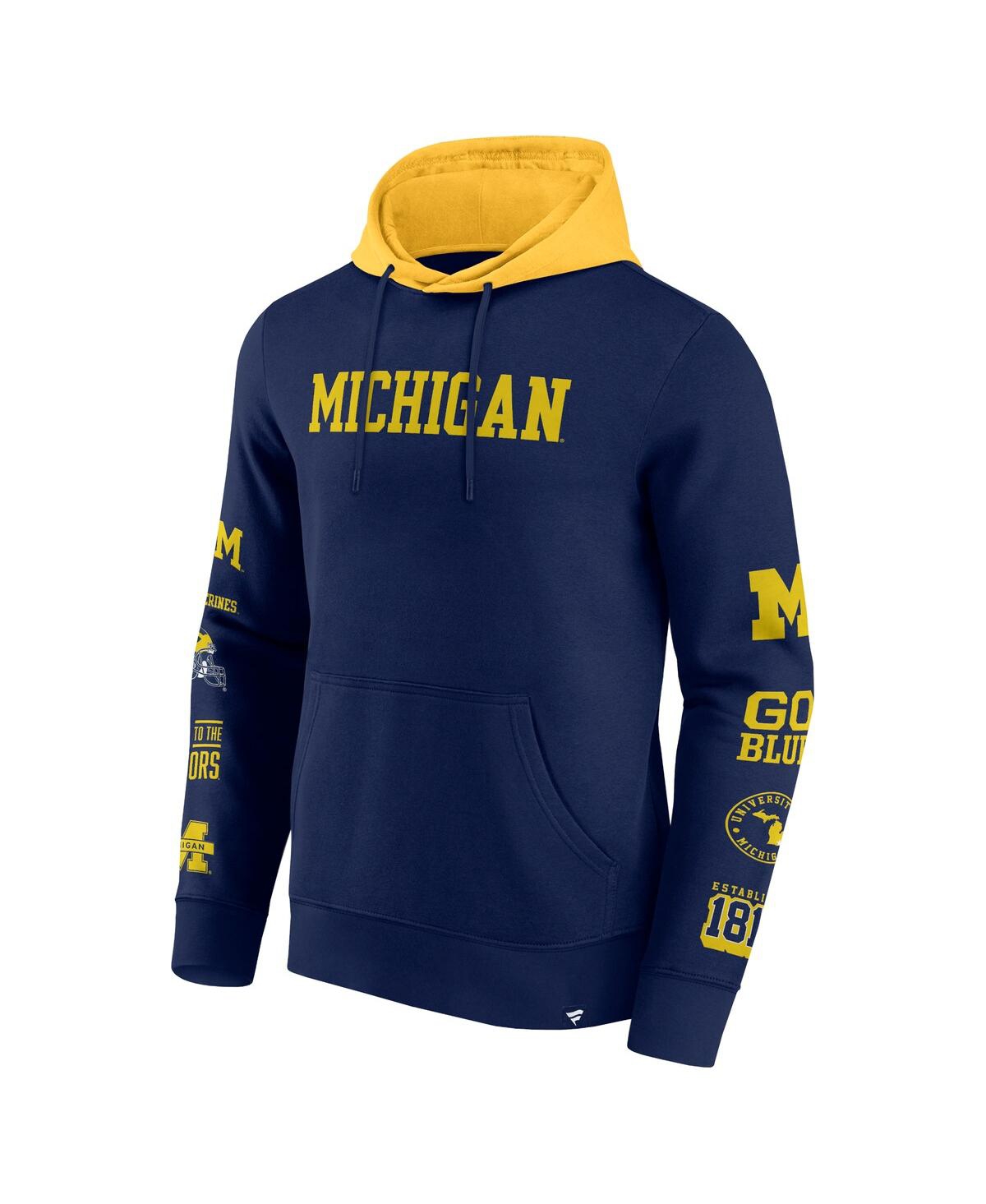 Fanatics Men's Navy/maize Michigan Wolverines Color Block Badge Fleece Pullover Hoodie In Navy,maize