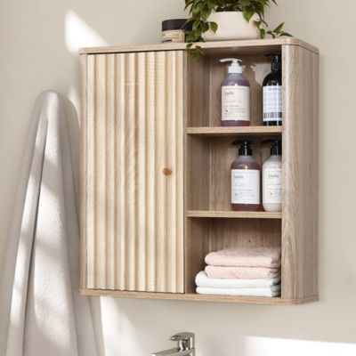 1Pc Manufactured Wood Fluted Panel, Wave Pattern & Open Shelves 1-Door Bathroom Wall Cabinet
