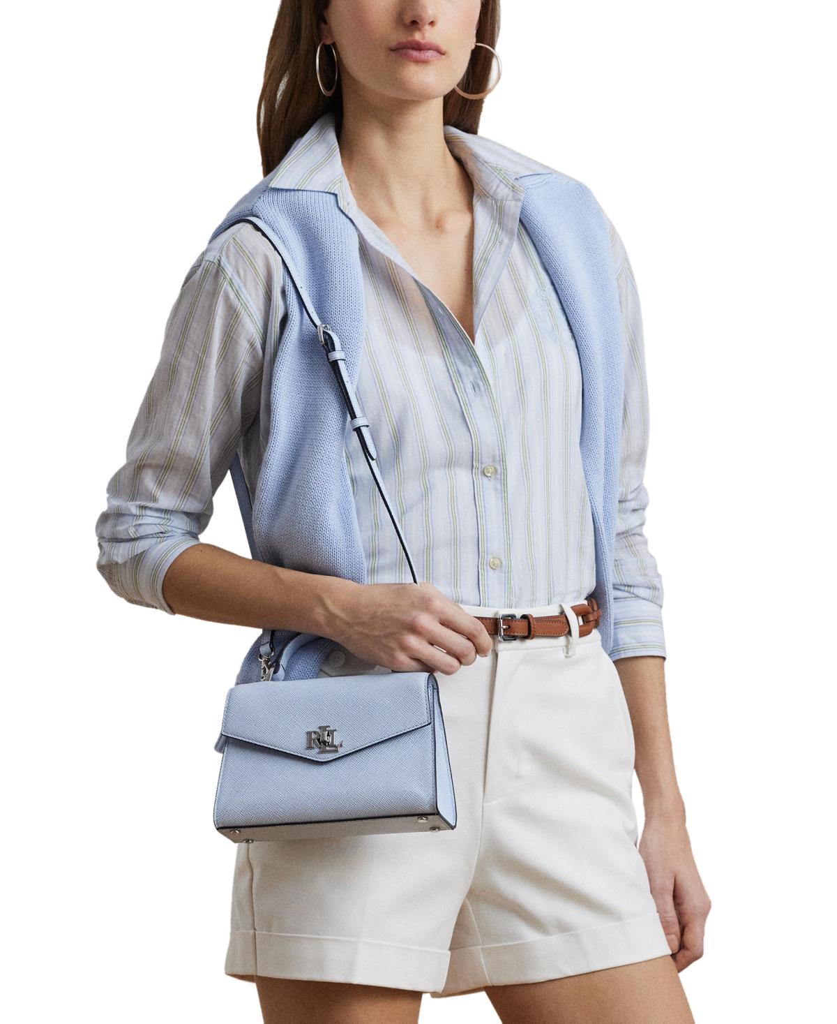 Ralph Lauren Farrah Crosshatch Leather Satchel In Cornflower Blue