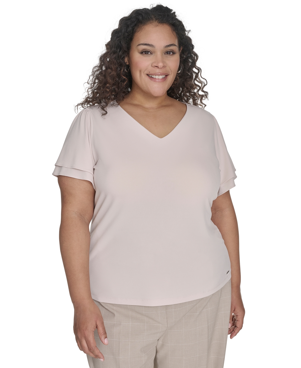 CALVIN KLEIN PLUS SIZE SOLID V-NECK DOUBLE-RUFFLE TOP 