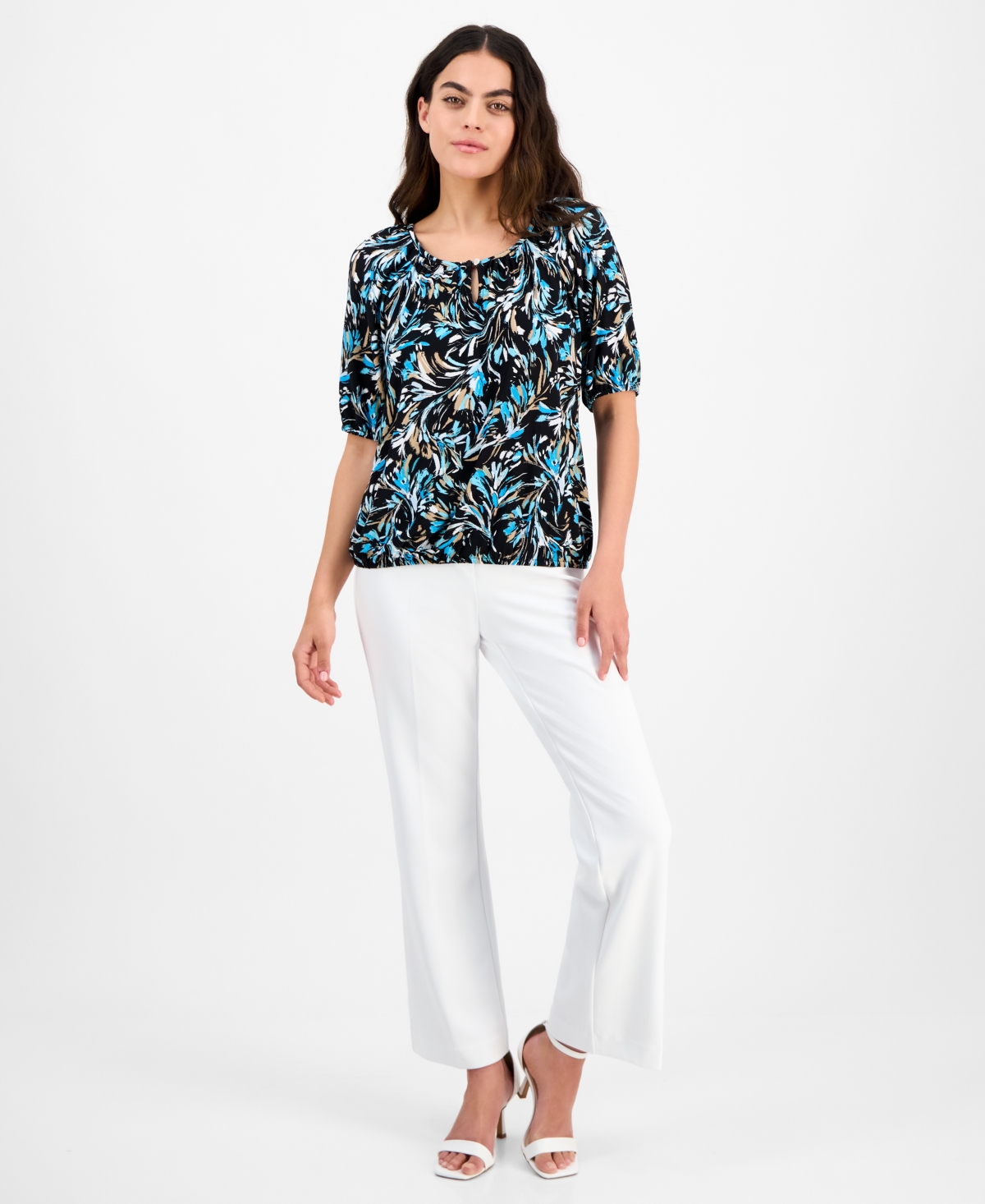 Ak Anne Klein Petite Printed Scoop-neck Elbow-sleeve Top