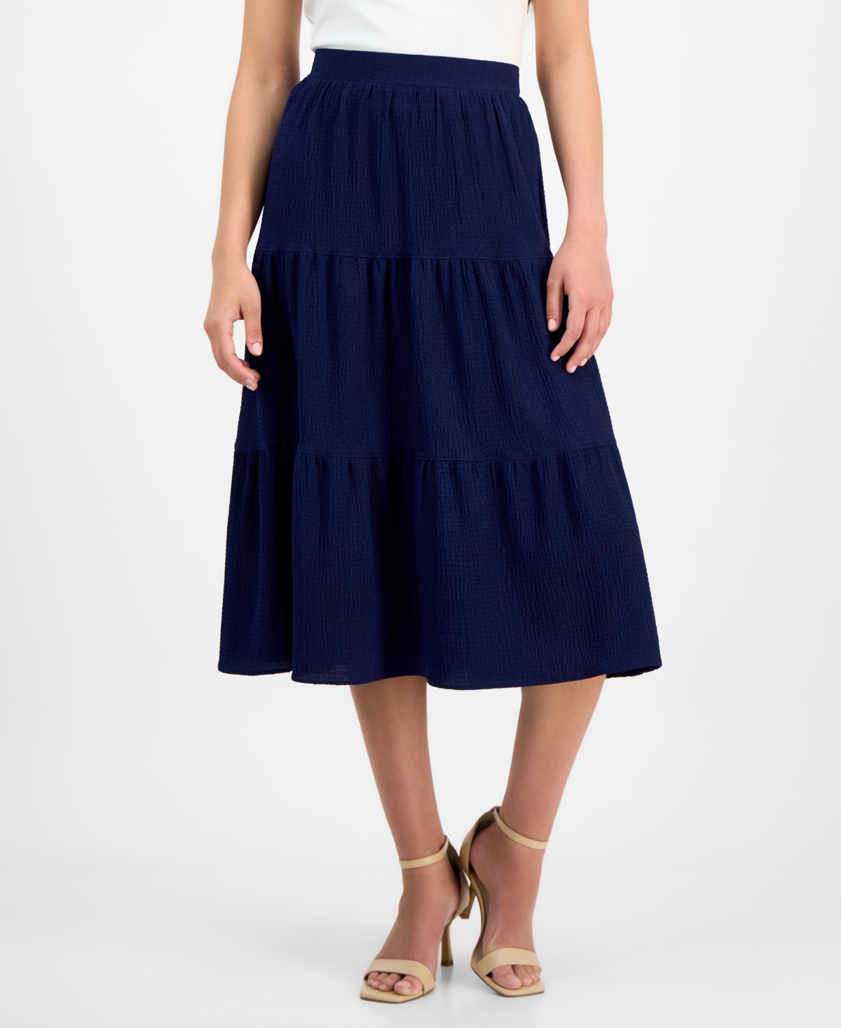 Shop Ak Anne Klein Petite Textured Three-tiered Pull-on Midi Skirt In Distant Mountain