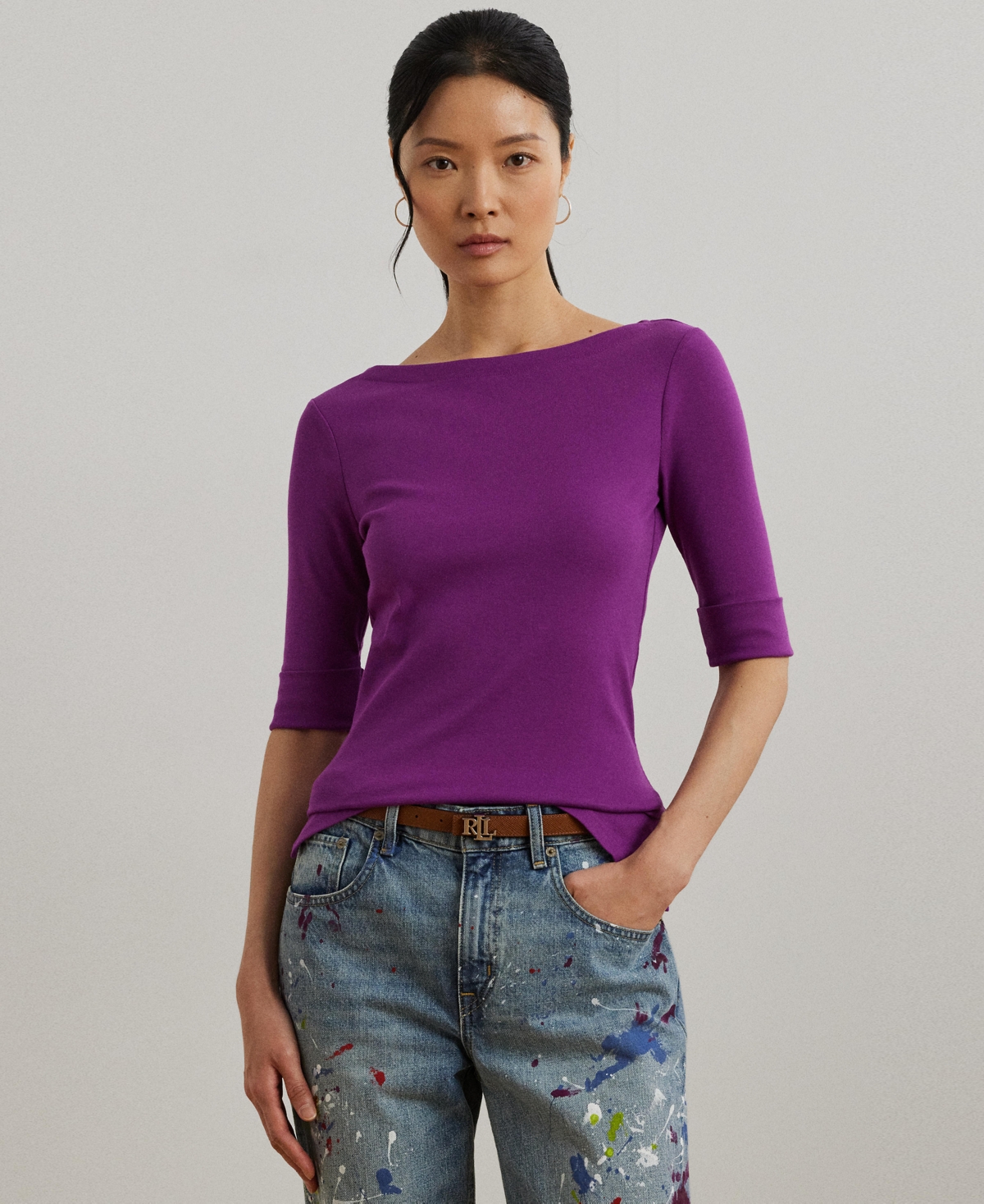 Stretch Cotton Boatneck T-Shirt - Purple Dawn