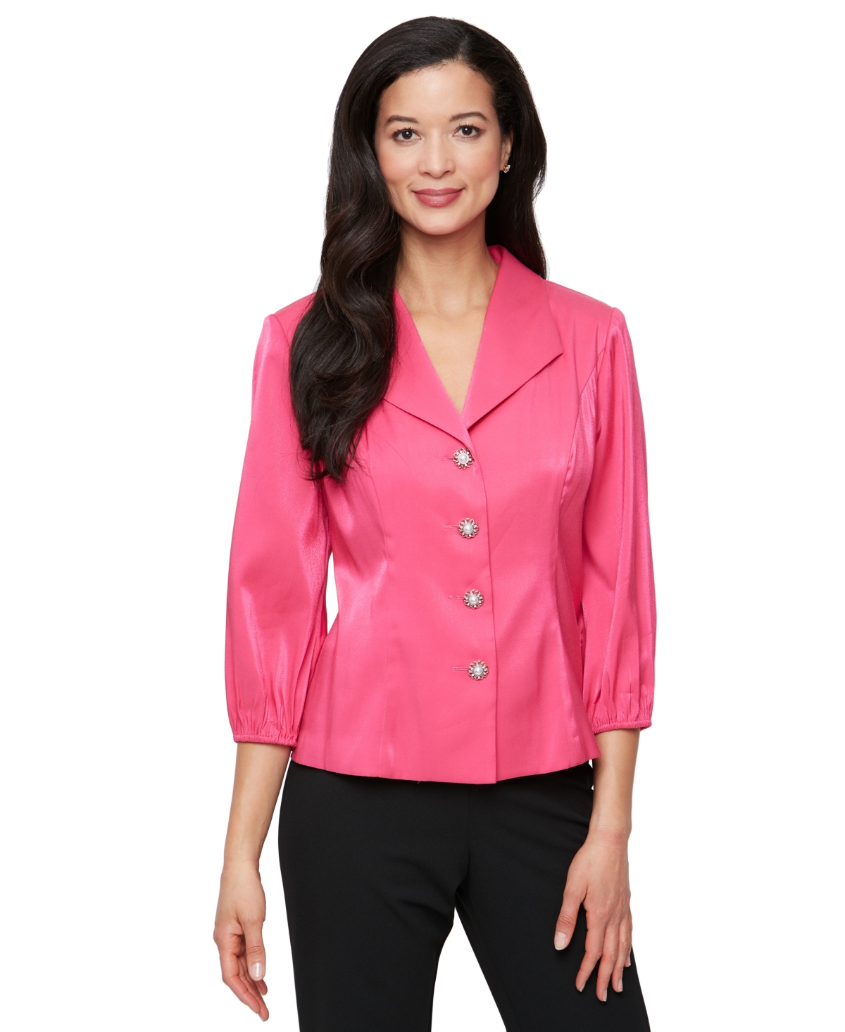 Petite Button-Front 3/4-Sleeve Shimmer Blouse - Fuchsia