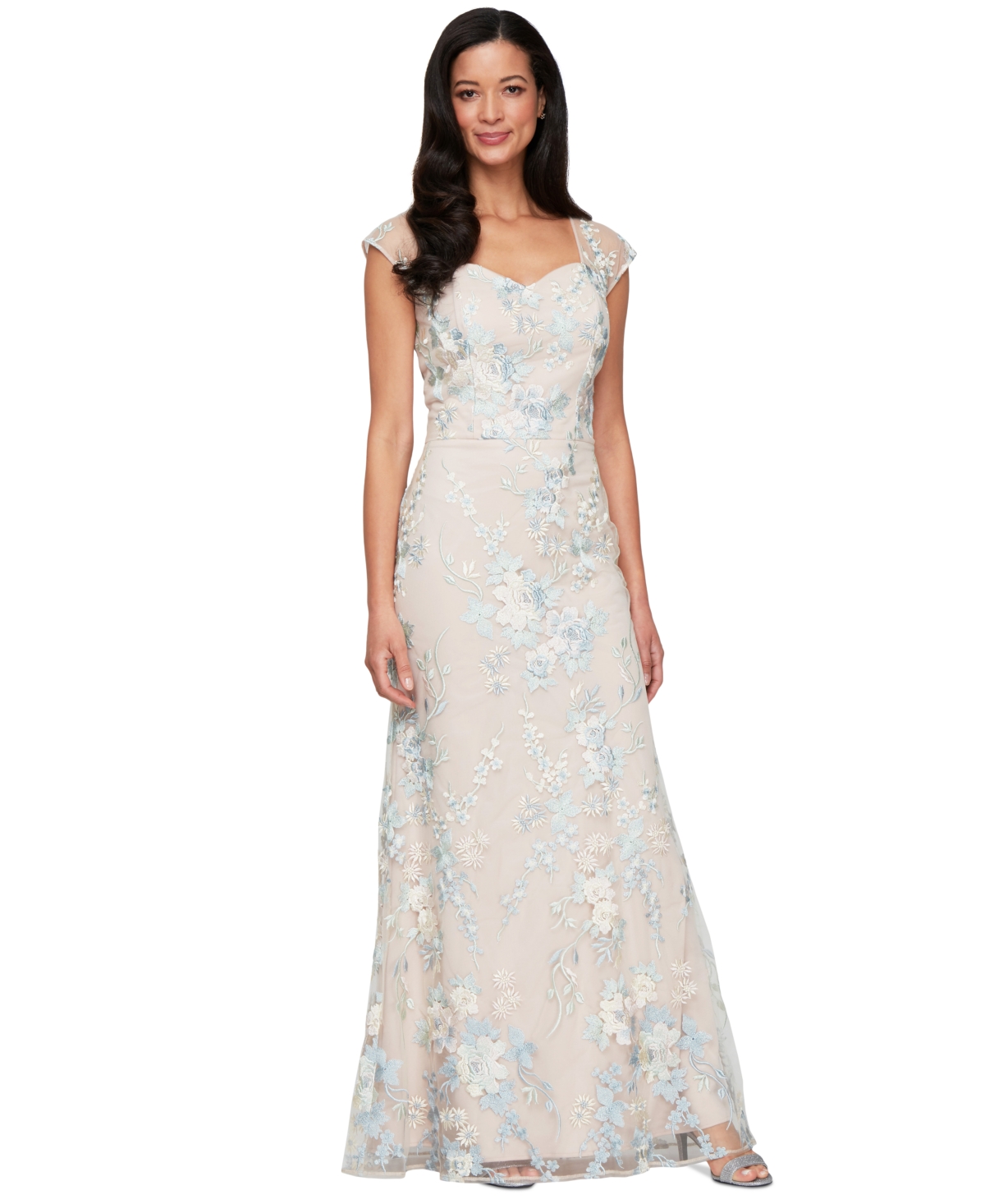 Women's Embroidered Sweetheart-Neck Mermaid Gown - Taupe Multi