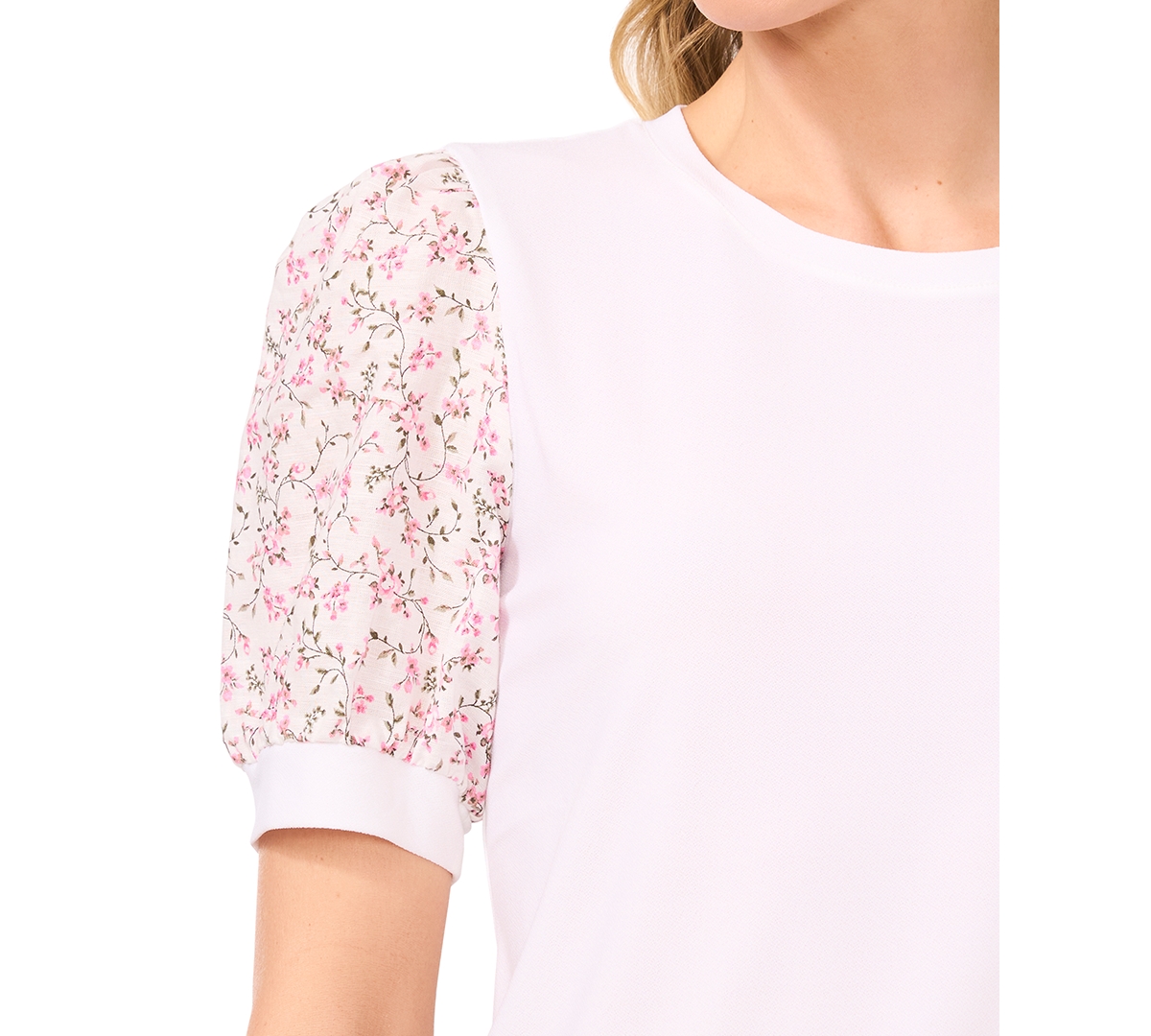 Cece Mixed Media Puff Sleeve Top In New Ivory