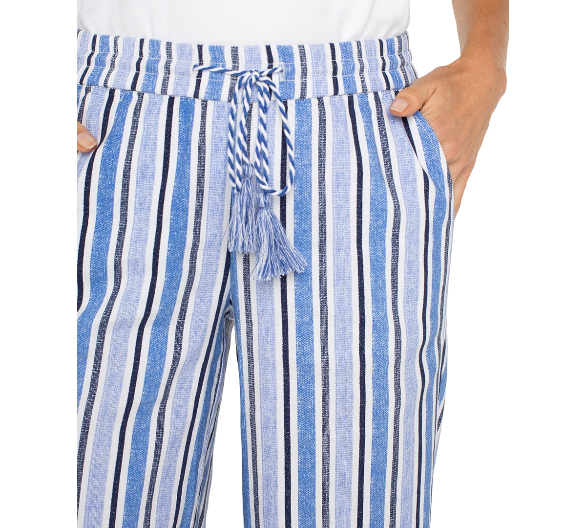 Liverpool Los Angeles Stripe Linen Blend Drawstring Wide Leg Pants In White Black Mlt Stripe