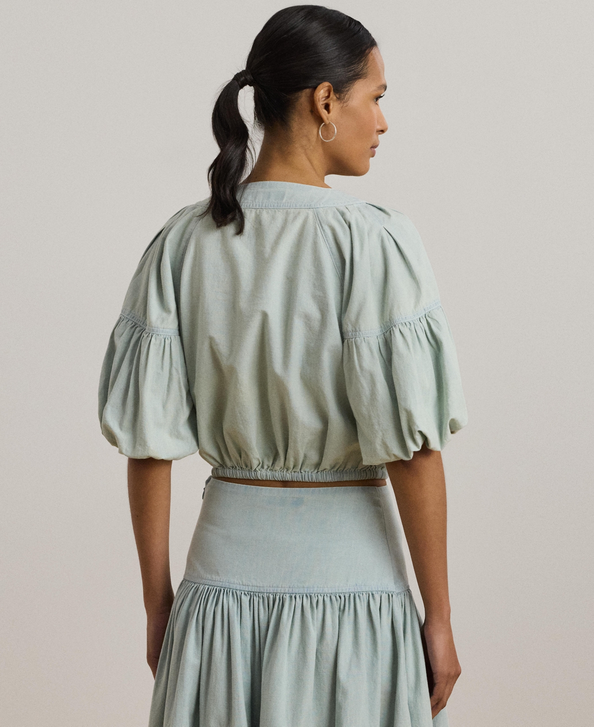 Shop Ralph Lauren Women's Chambray Cropped Bubble-sleeve Blouse