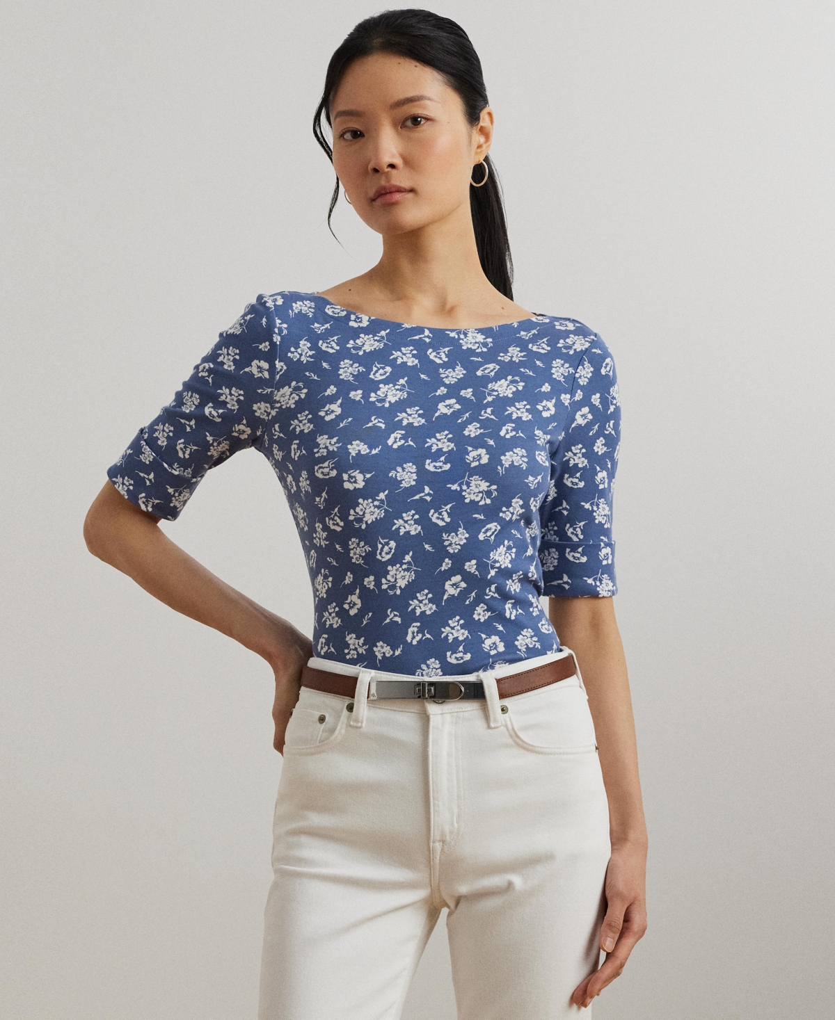 Women's Floral Stretch Cotton Boatneck Tee - Blue-white