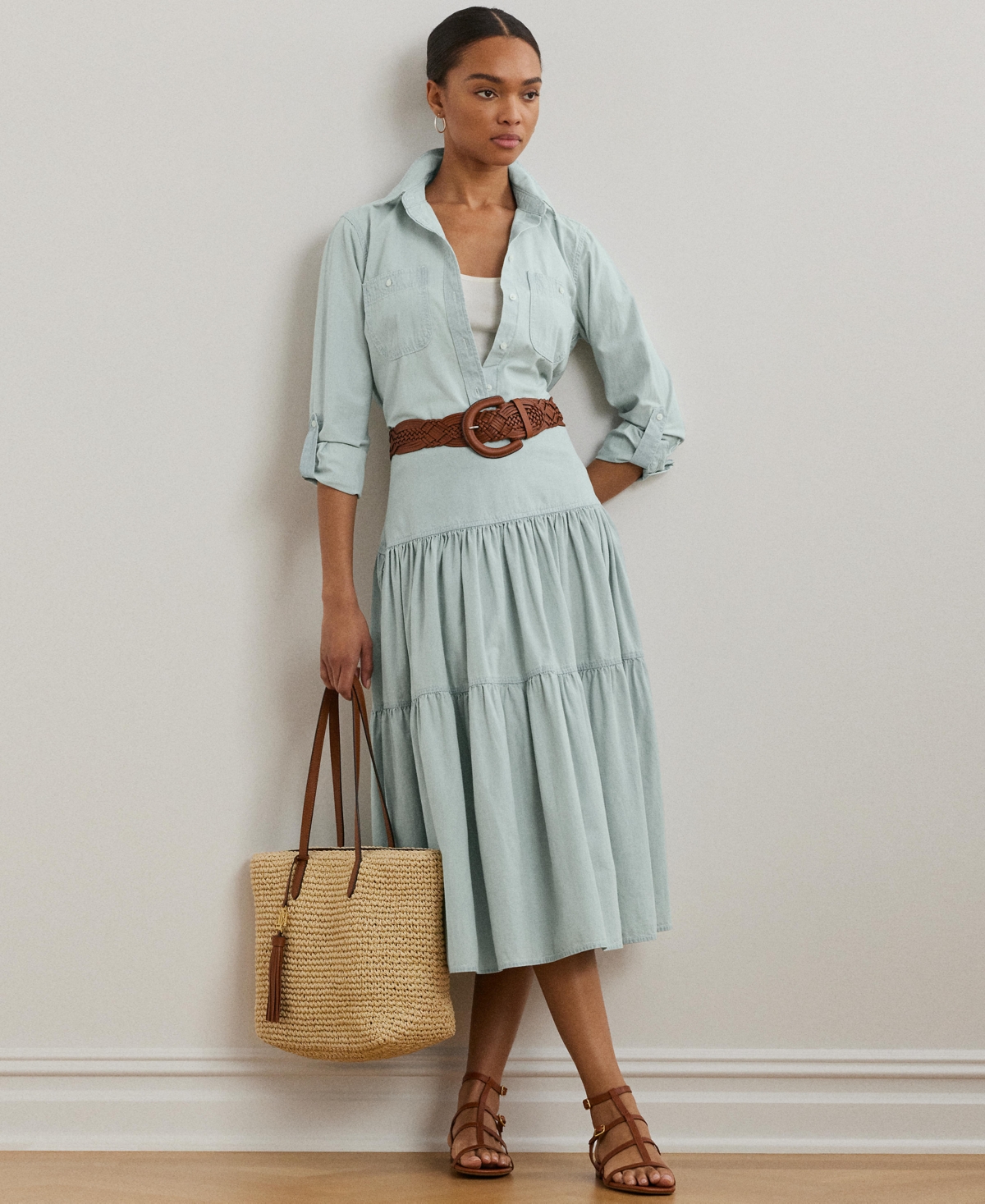 RALPH LAUREN WOMEN'S CHAMBRAY TIERED MIDI SKIRT 